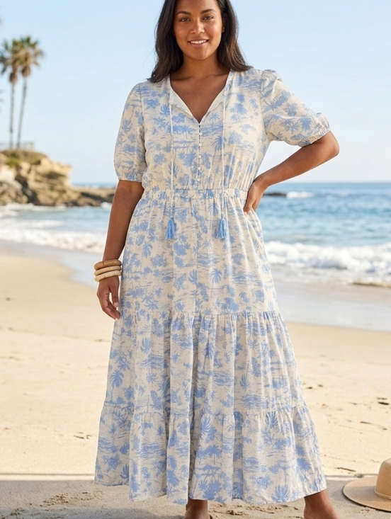 Laurel Grey Dresses & Skirts - Laurel Grey Tropical Palm Print Tiered Maxi Dress - XL